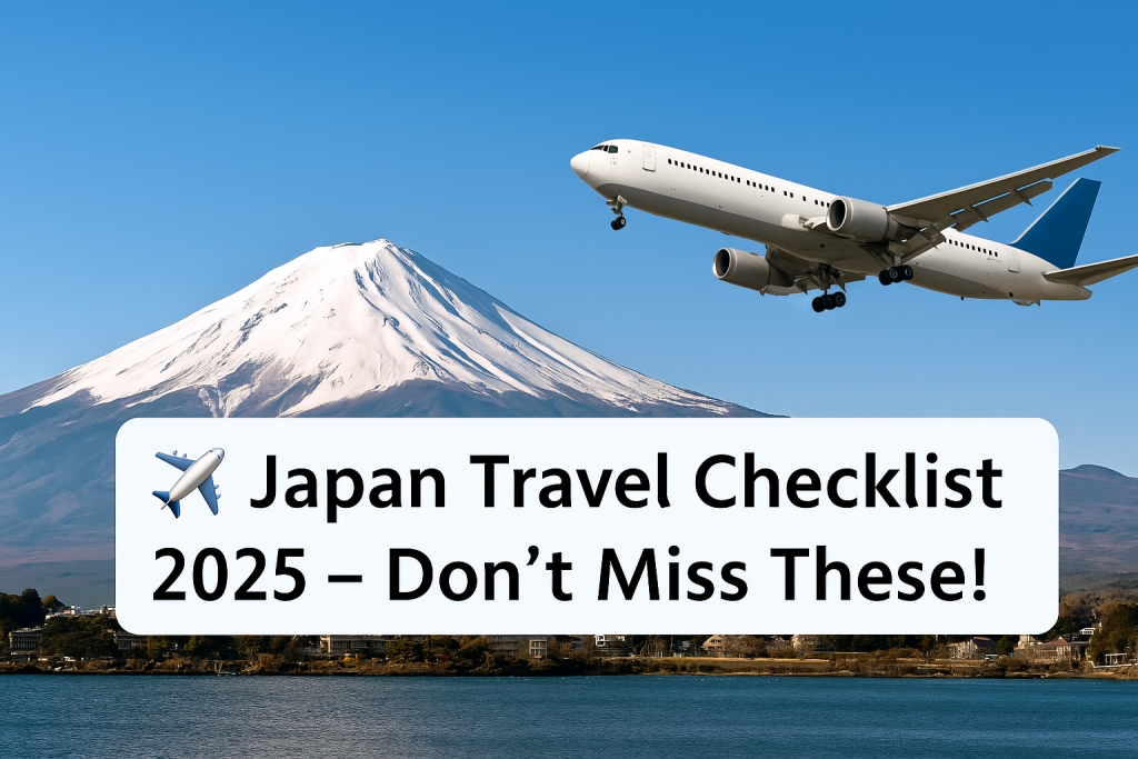 Japan Travel Checklist 2025 with realistic airplane and travel icons