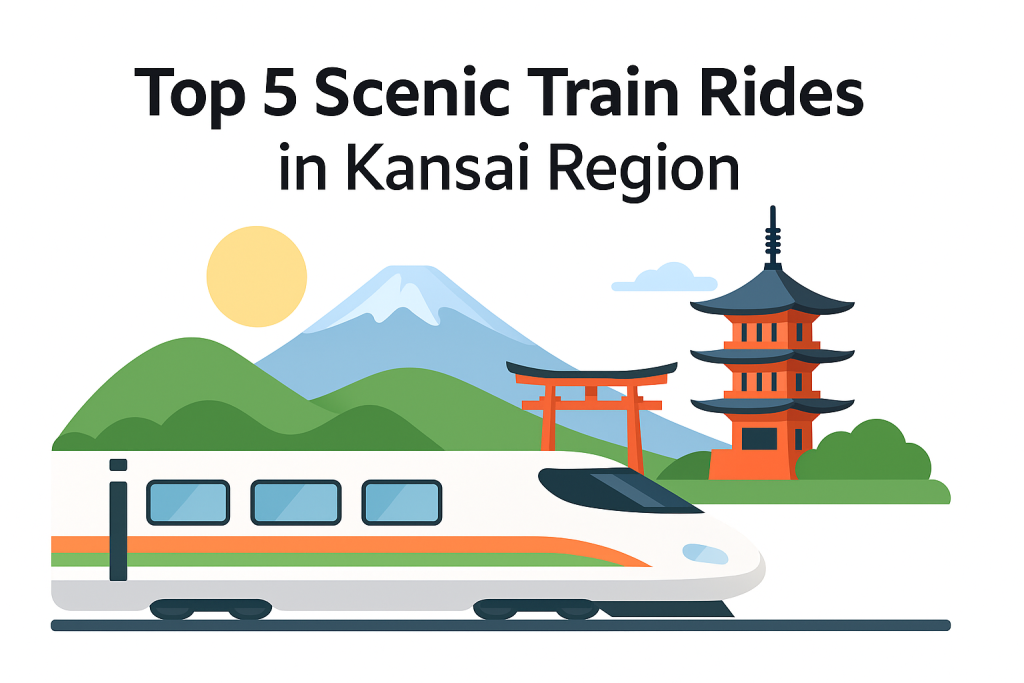 Scenic train ride through Kansai mountains and coastline, flat-style illustration, bright and inviting colors.