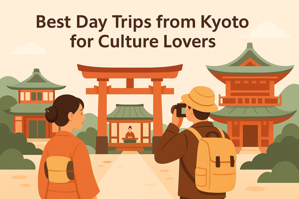 Flat-style illustration of Kyoto day trips, featuring temples, torii gates, tea houses, and travelers exploring cultural sites.
