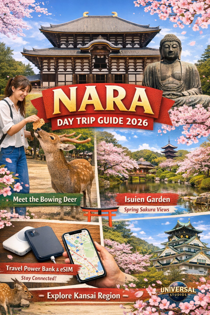 Nara Day Trip Guide 2026 featuring Nara Park deer, Todai-ji Temple Great Buddha, Isuien Garden cherry blossoms, and travel essentials for a Kansai day trip