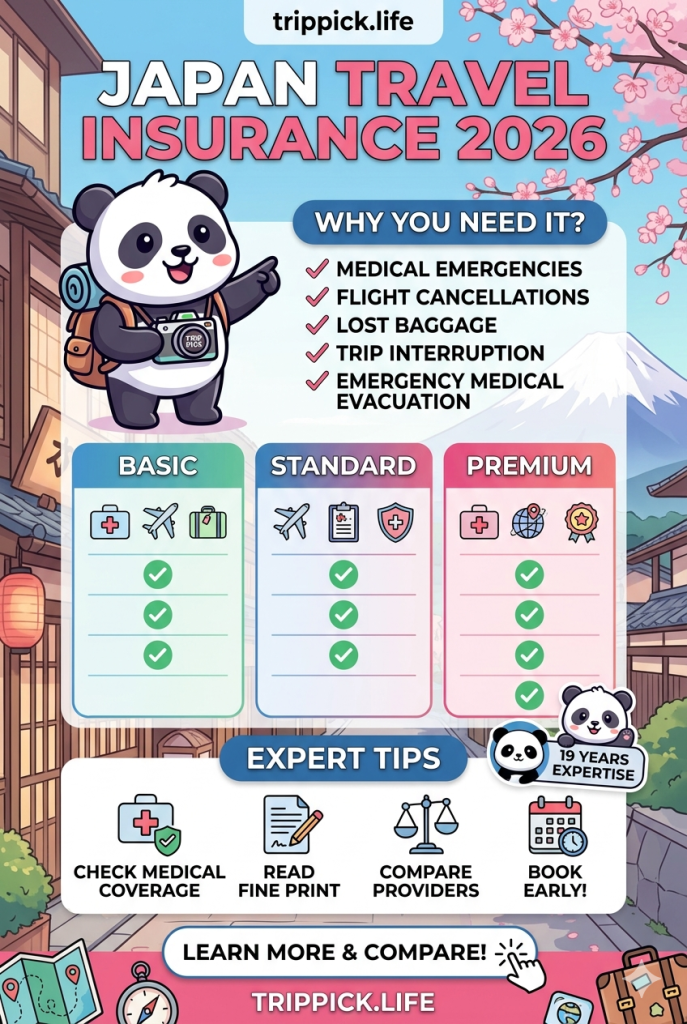 An informative infographic about 2026 Japan travel insurance featuring a travel panda. It compares Basic, Standard, and Premium plans, highlighting coverage for medical emergencies, flight cancellations, and lost baggage with 19 years of travel expertise.