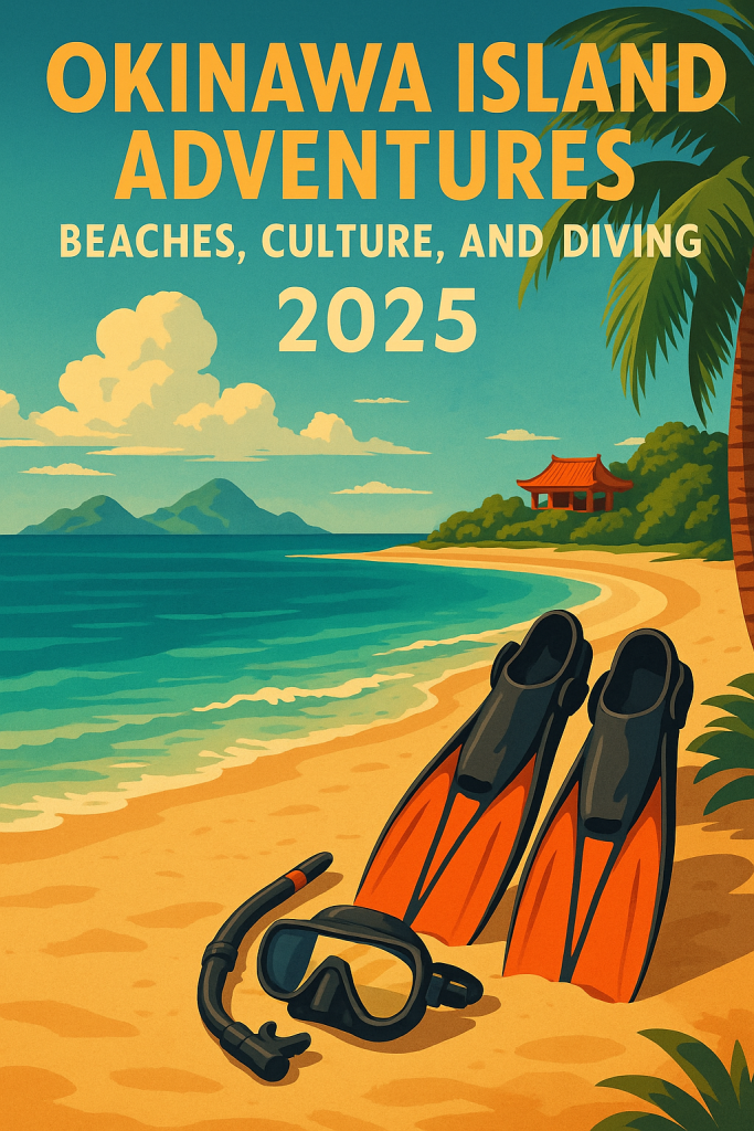 Okinawa island beach with turquoise water, coral reefs, and divers exploring under sunny skies