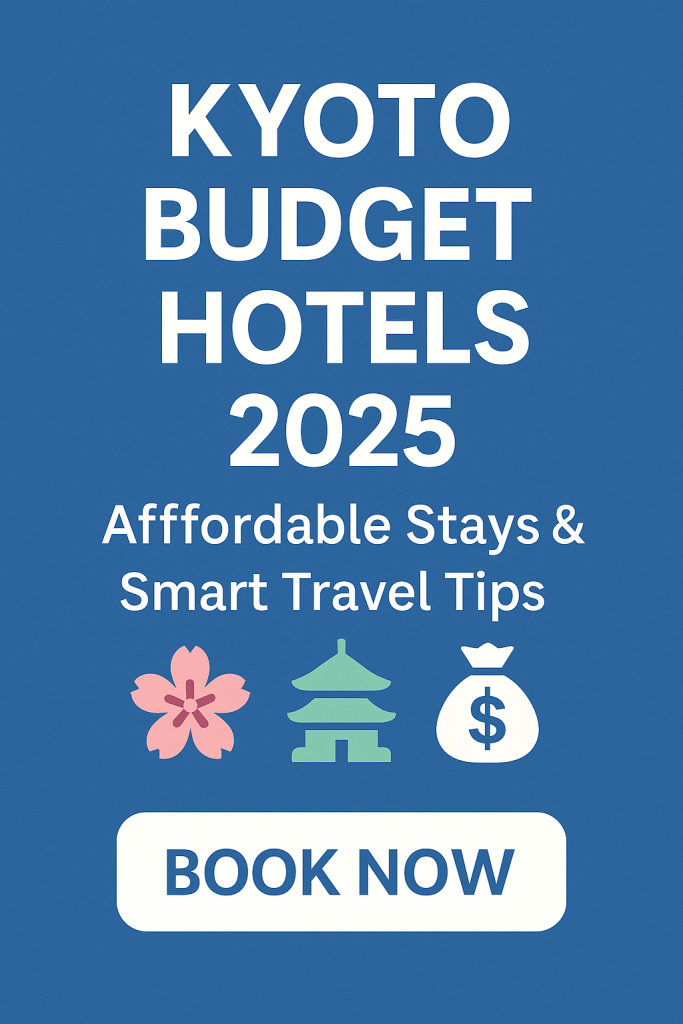 Digital illustration of Kyoto, Japan in 2025 showing budget hotels near Kyoto Tower, cherry blossoms in bloom, travelers walking through traditional streets, and a calm city atmosphere.