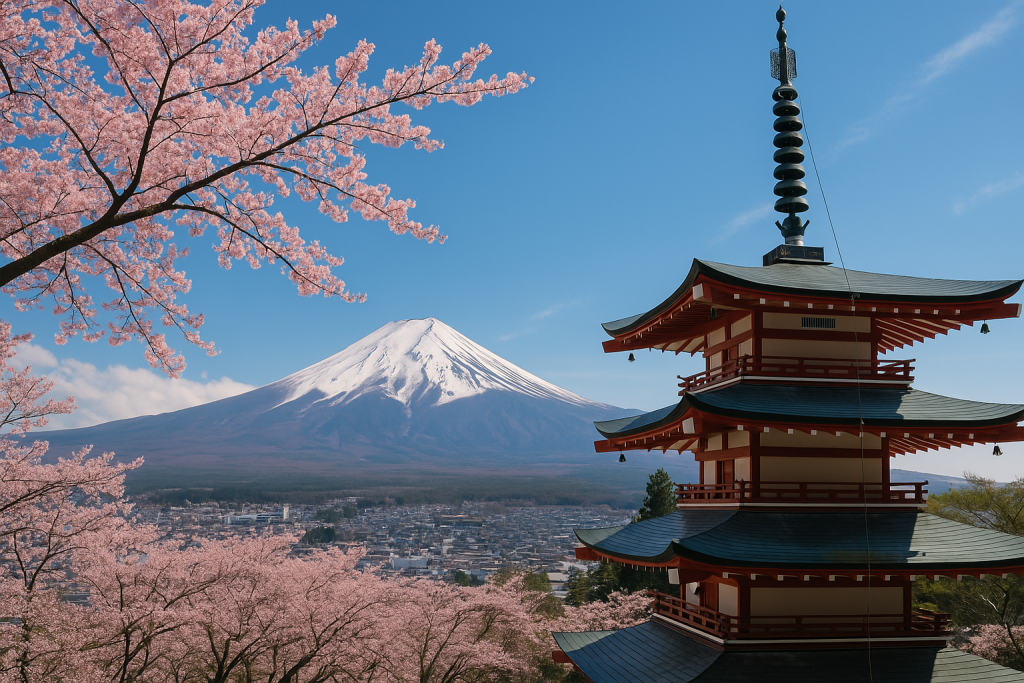 Cherry blossom trees blooming along a river in Japan with Mount Fuji in the background during spring.