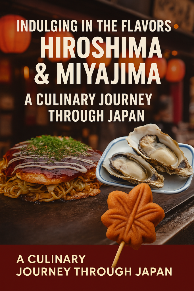 A beautifully arranged plate of Hiroshima-style okonomiyaki and freshly grilled oysters, with a view of Miyajima’s floating torii gate in the background, symbolizing Japan’s rich culinary culture.