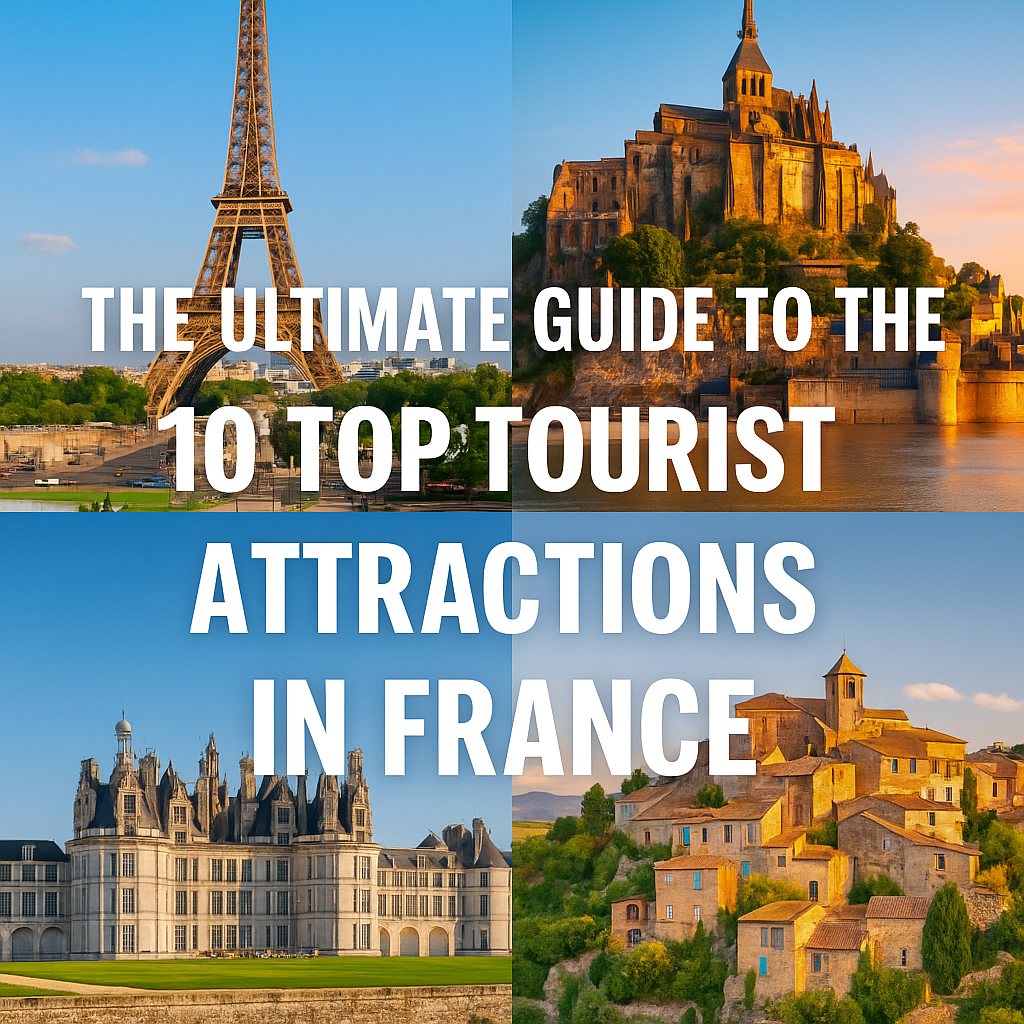 A breathtaking collage of France’s top tourist attractions — Eiffel Tower, Mont Saint-Michel, the Louvre, Provence lavender fields, and the French Riviera under a golden sunset.