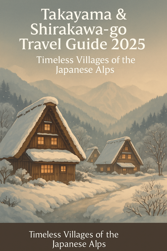 Traditional thatched-roof houses of Shirakawa-go covered in snow, surrounded by the Japanese Alps at dawn