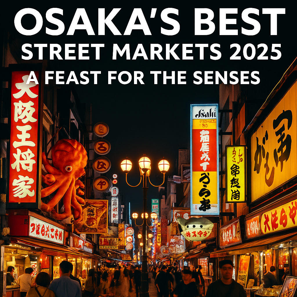 Osaka’s street markets at night with neon lights and local food stalls