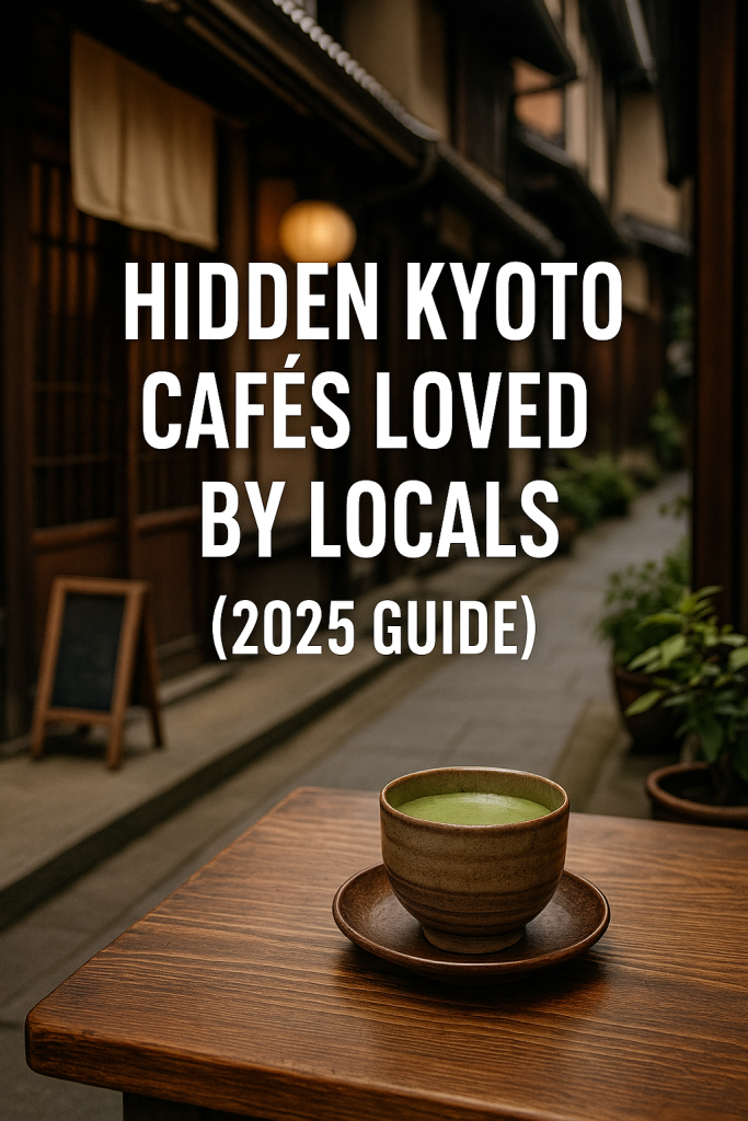 A peaceful Kyoto street with cozy hidden cafés and tea houses surrounded by autumn leaves, reflecting local charm and warm ambiance in Japan.