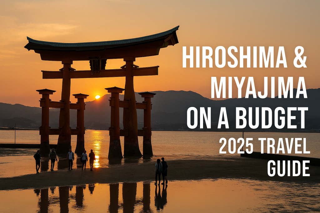 Budget-friendly travel view of Hiroshima and Miyajima in 2025, featuring the red torii gate of Itsukushima Shrine during sunset with travelers exploring the shore.