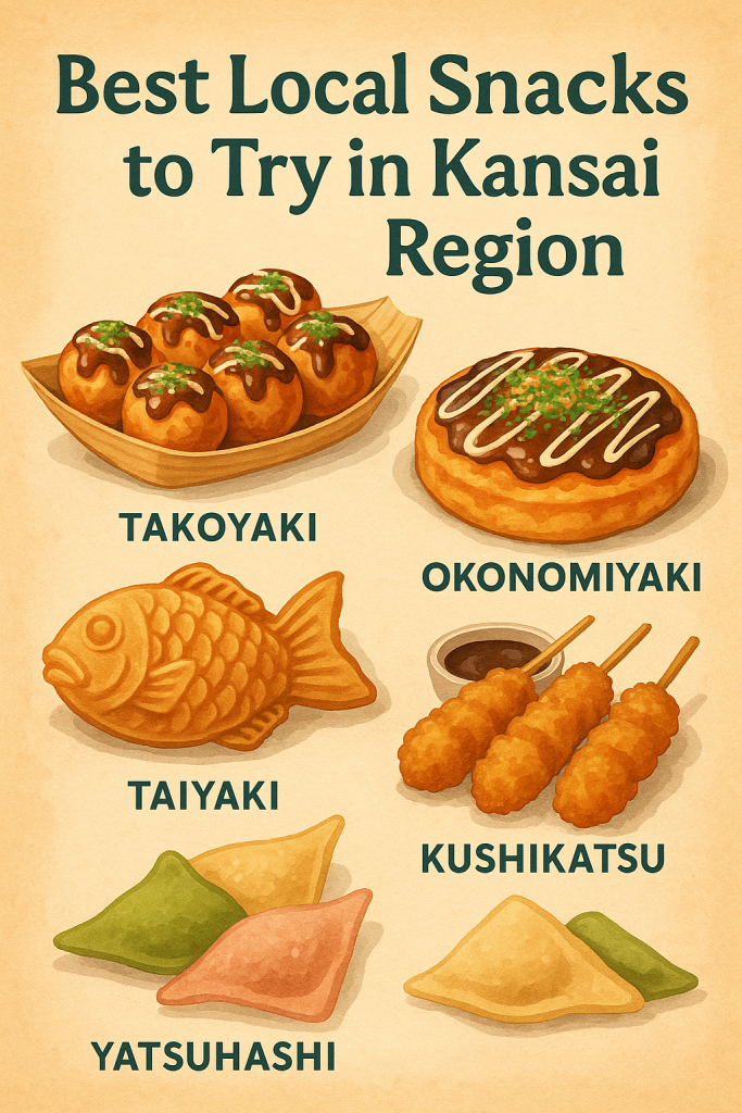 Kansai region local snacks such as takoyaki, okonomiyaki, taiyaki, kushi katsu, and yatsuhashi