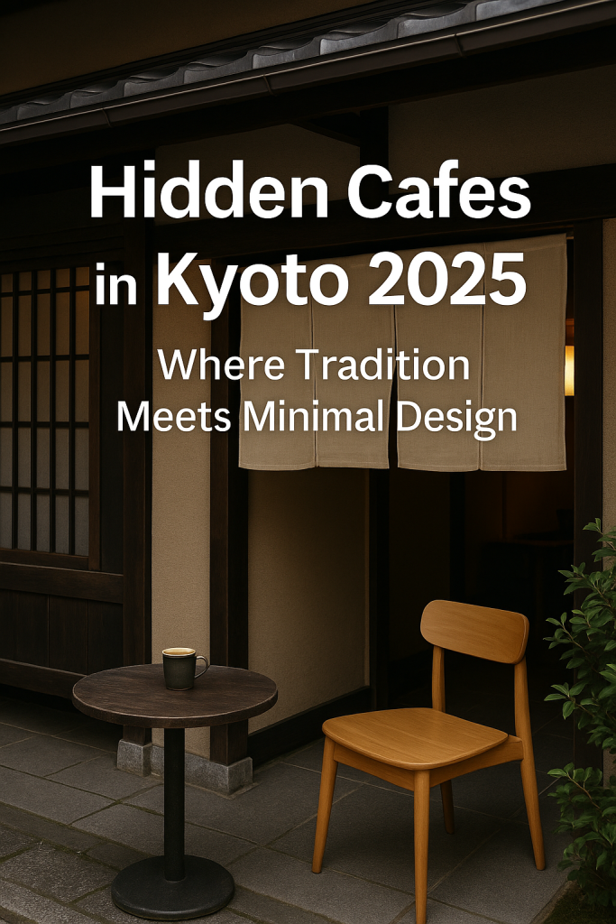 “A warm photo of hidden Kyoto cafes with traditional wooden interiors, matcha tea, and minimalist Japanese design”