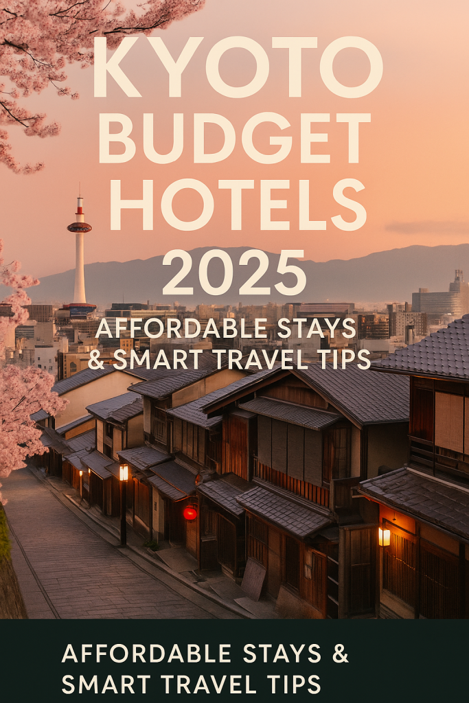 “Pinterest vertical image featuring Kyoto’s skyline, cozy budget hotels, and traditional ryokans in warm coral and matcha tones with the text ‘Kyoto Budget Hotels 2025’.”