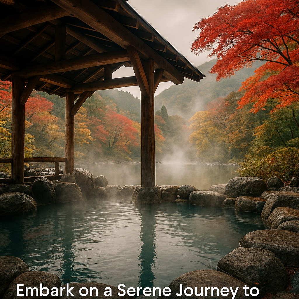Serene open-air onsen surrounded by red maple trees and traditional wooden ryokan in the misty mountains near Kyoto and Osaka, Japan.