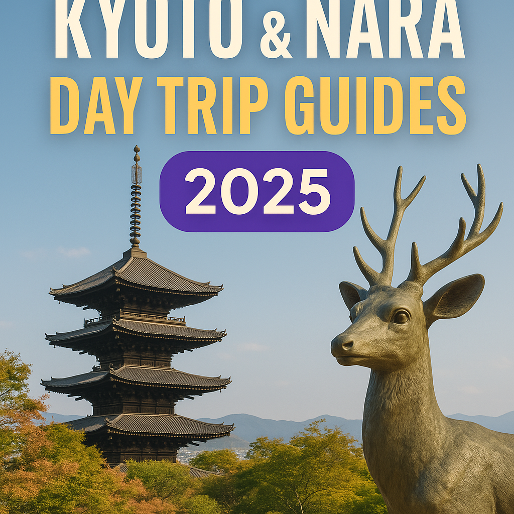 Scenic view of Kyoto and Nara Day Trip 2025 featuring Fushimi Inari’s red torii gates, Nara deer near Tōdai-ji Temple, and colorful autumn leaves.