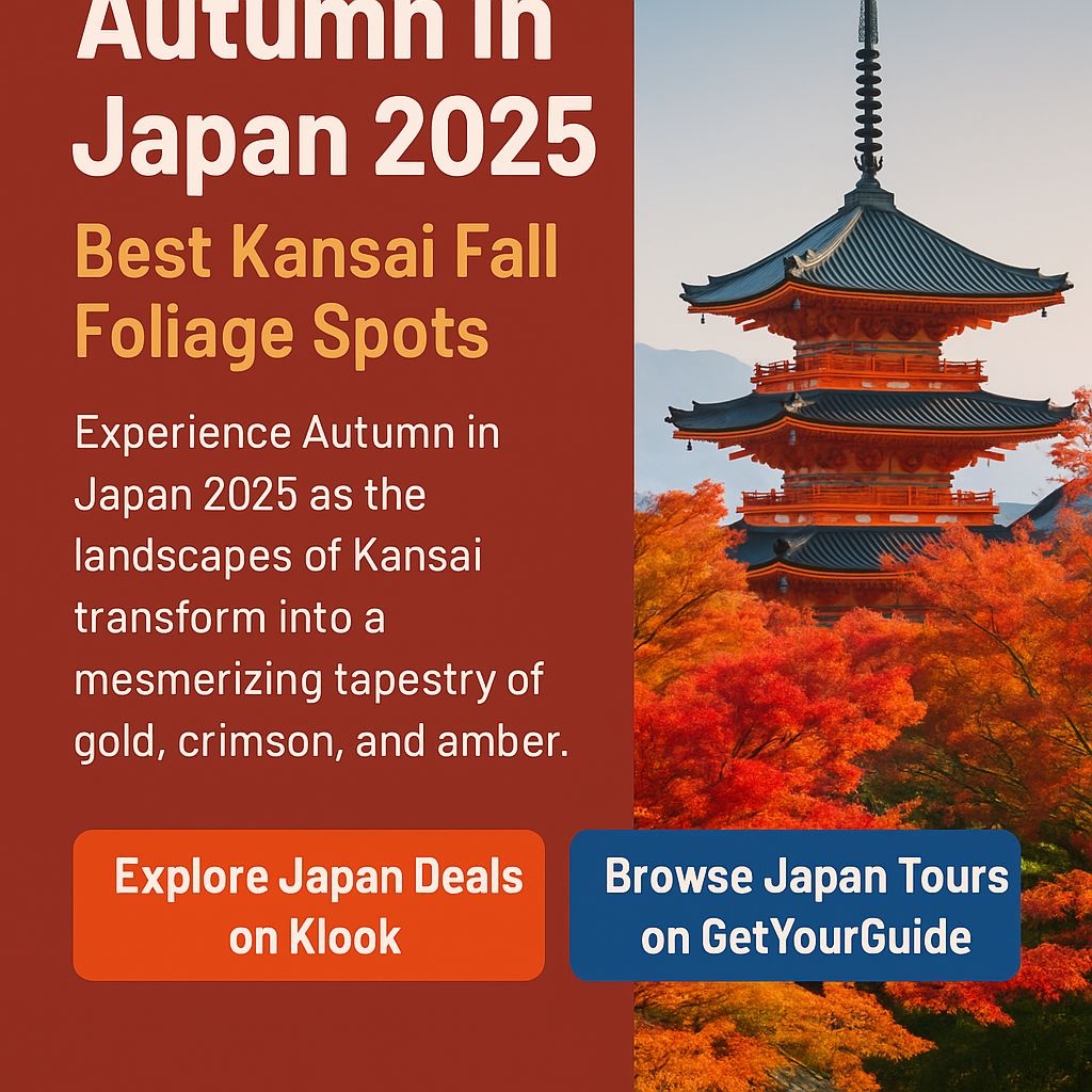 “Autumn in Japan 2025 – Kansai’s temples, Osaka Castle, and Nara Park surrounded by vibrant red and golden maple leaves during fall season.”