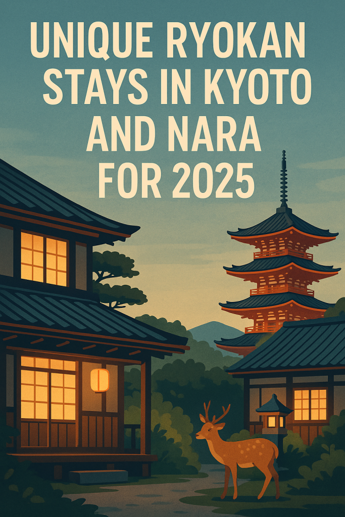 “Unique Ryokan Stays in Kyoto and Nara for 2025 – traditional Japanese inns with warm lanterns, wooden architecture, and a deer near a pagoda at sunset.”