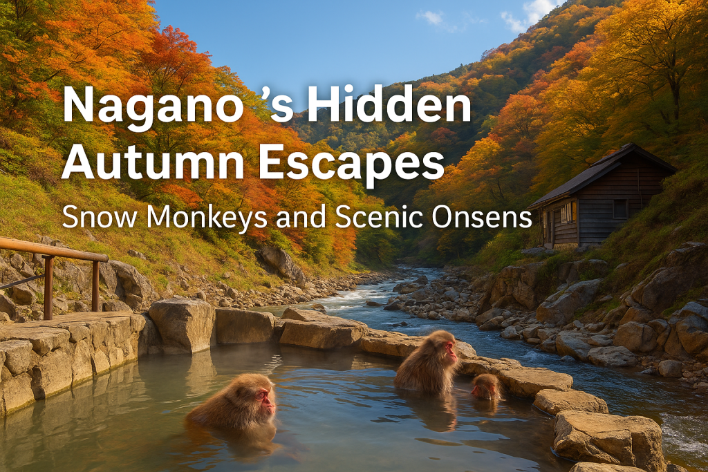 Autumn view of Nagano hot springs surrounded by vibrant red and golden trees, misty mountains, and traditional Japanese ryokan inns in 2025.