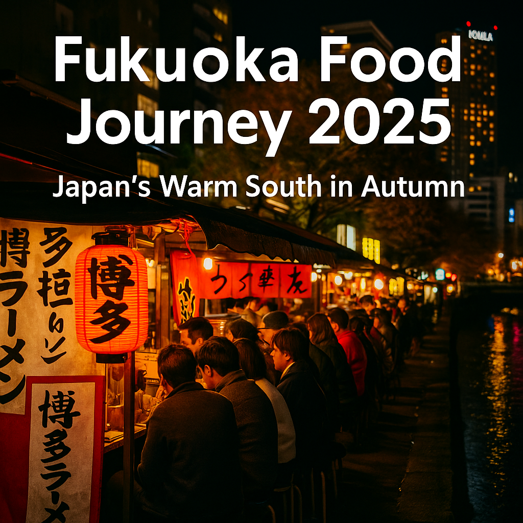 Vibrant night scene of Fukuoka’s yatai food stalls in autumn, with people enjoying Hakata ramen under glowing lanterns and red maple leaves.