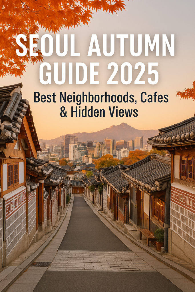 Autumn street view of Bukchon Hanok Village in Seoul with colorful fall foliage, traditional Korean houses, and the city skyline in warm evening light.