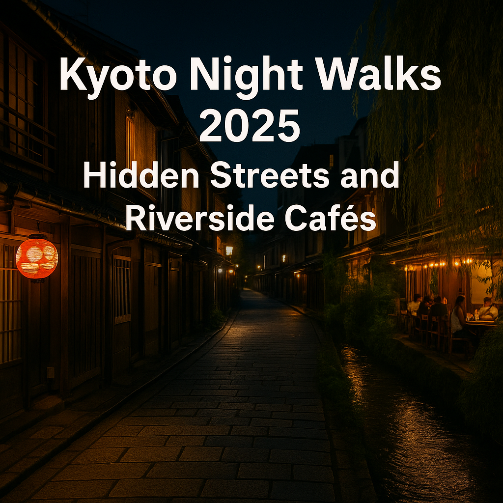 A peaceful night scene of Kyoto with softly lit traditional streets, glowing lanterns, and riverside cafés reflecting on the Kamo River.