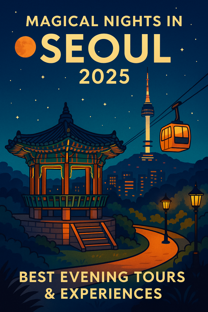 Digital illustration of Seoul at night featuring Namsan Tower, a traditional Korean pavilion, and a cable car glowing under a starry sky in 2025.