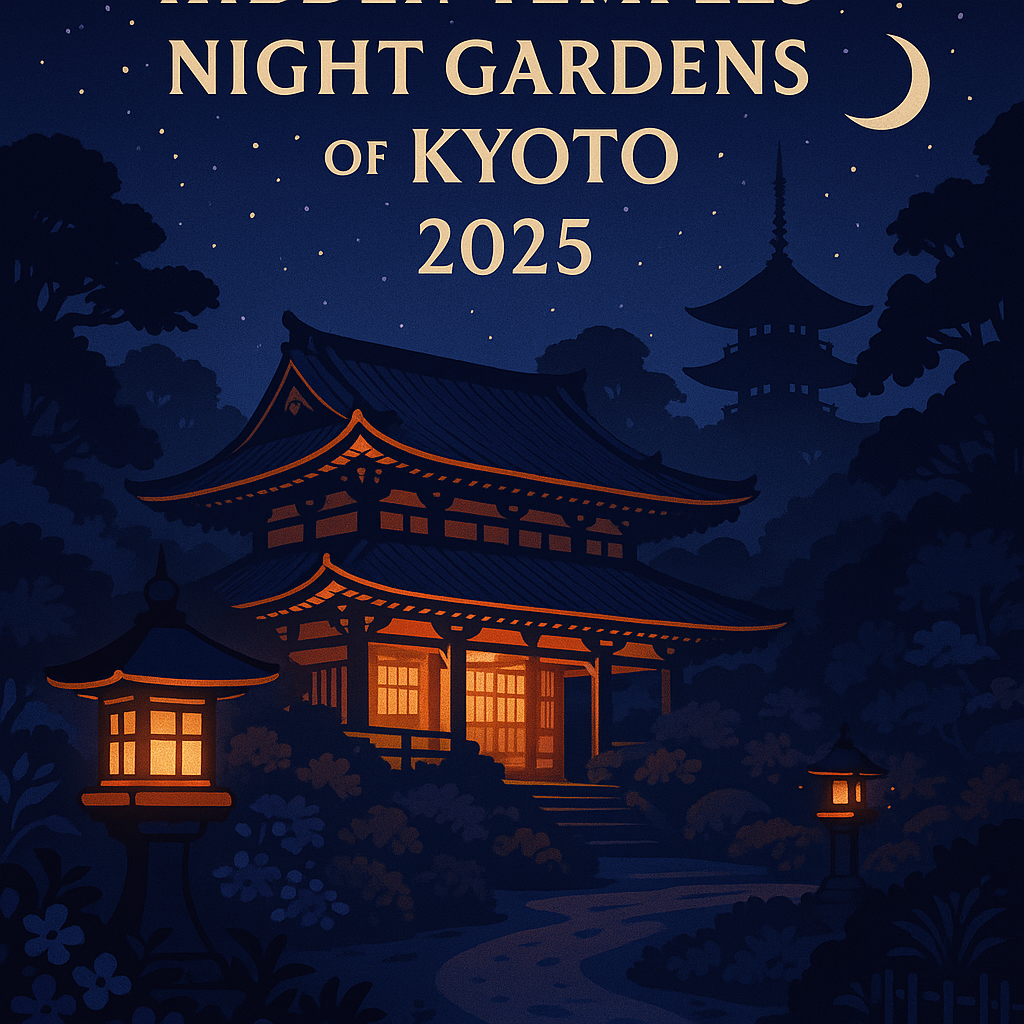 Digital illustration of Kyoto’s hidden temples and night gardens softly illuminated by lanterns, with glowing maple trees and reflecting ponds.