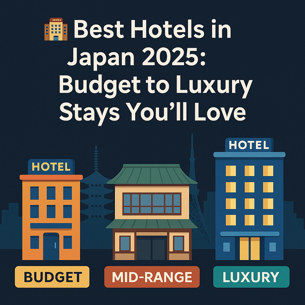 Digital illustration showing Japan hotels in 2025 with Tokyo skyline, Kyoto temples, and Osaka city lights, symbolizing budget to luxury stays.