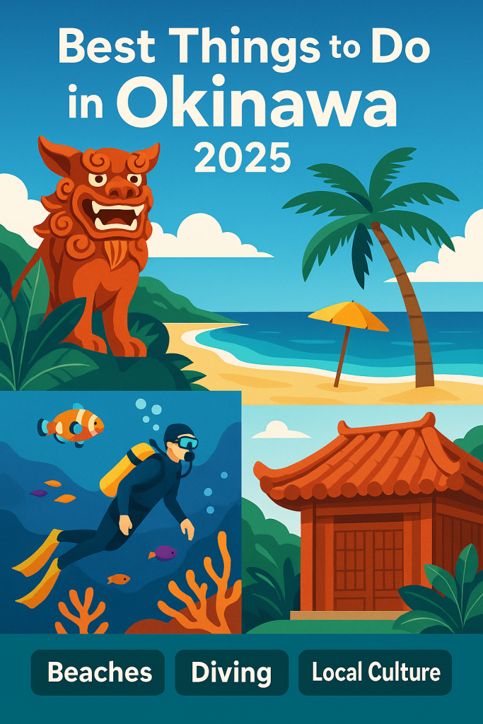 A vibrant digital illustration of Okinawa’s tropical beaches, coral reefs for diving, and traditional cultural elements, representing the 2025 Okinawa travel guide.