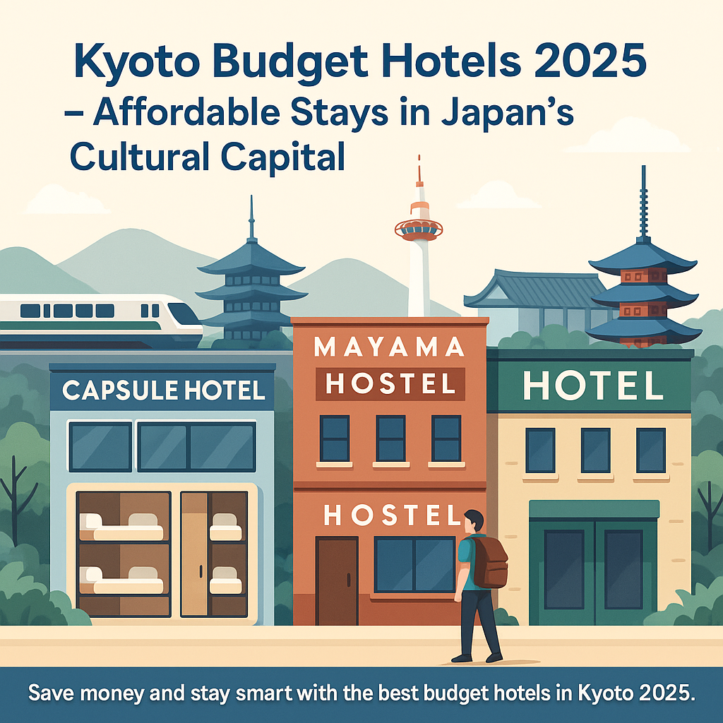 Illustration of Kyoto budget hotels in 2025, including capsule hotels, guesthouses, and affordable accommodations near Kyoto Station.
