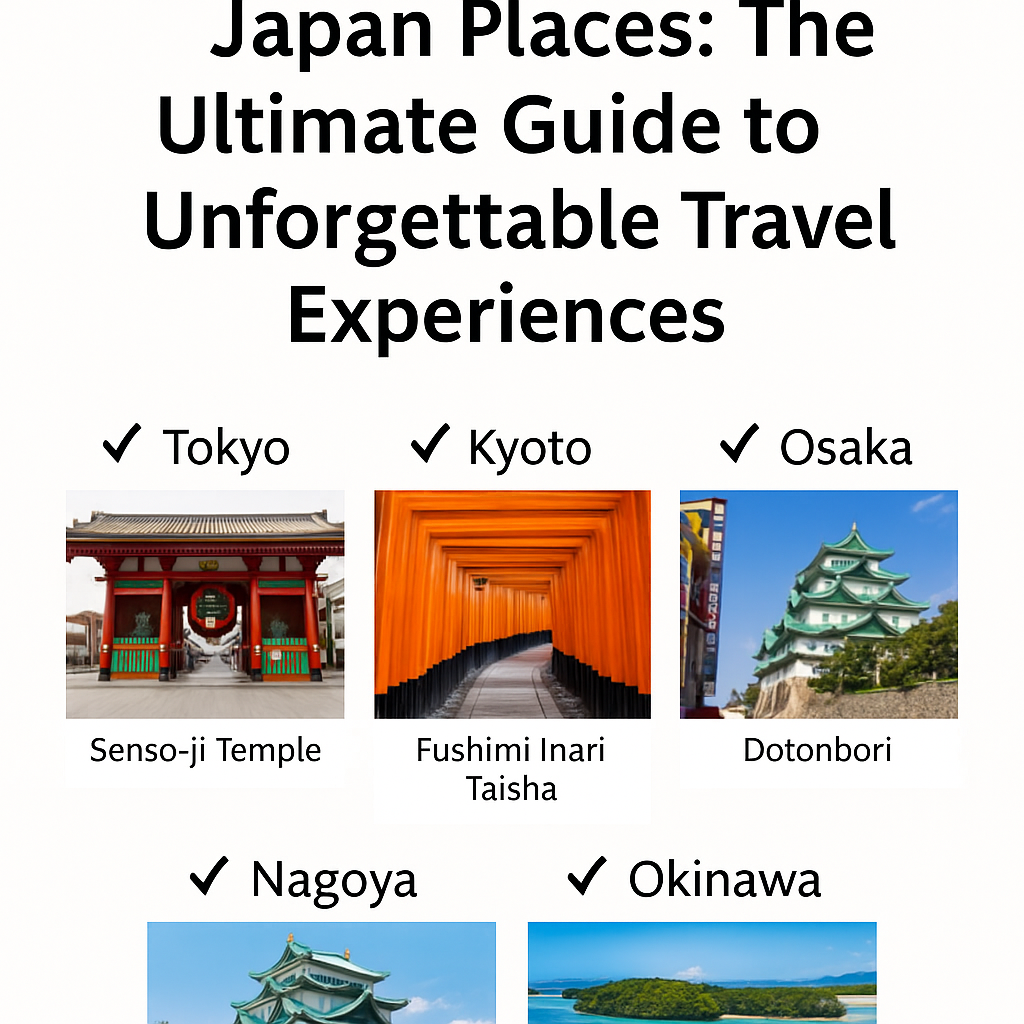 A colorful illustration showing famous Japan landmarks like Tokyo Tower, Kyoto temples, Osaka Castle, and Okinawa beaches, symbolizing Japan’s top travel destinations in 2025.