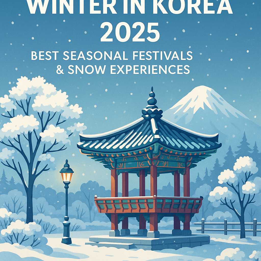 Winter in Korea 2025 concept illustration showing snow-covered temples, lantern festivals, and ski resorts under twinkling lights