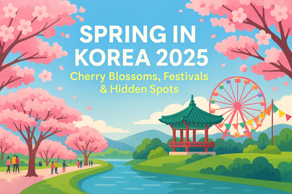 Spring in Korea 2025 illustration showing cherry blossoms along rivers, hanok village, and spring festivals under warm sunlight