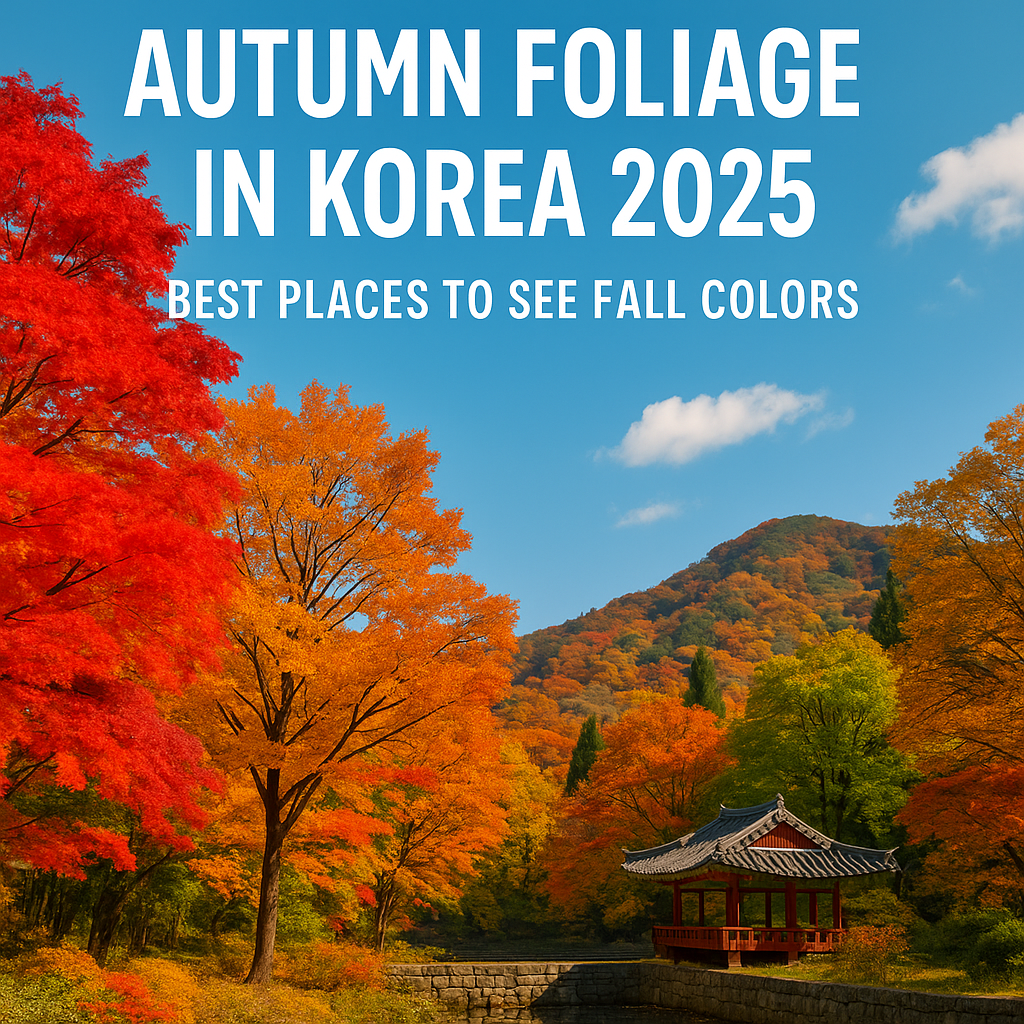 Autumn in Korea 2025 landscape showing vibrant maple and ginkgo trees, mountain temples, and golden parks under clear blue skies