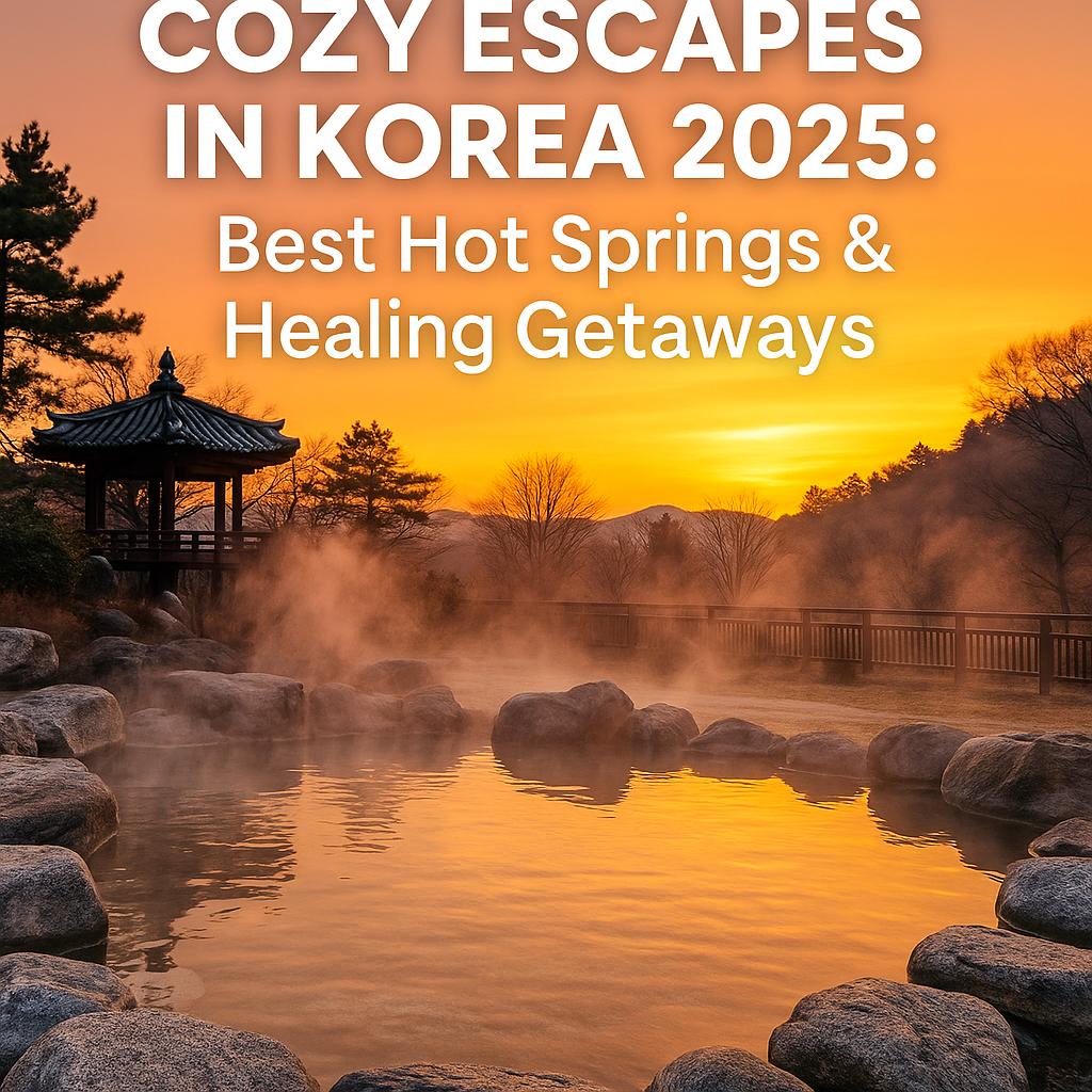 A serene hot spring resort in Korea surrounded by autumn mountains and misty air, showing natural pools with rising steam and cozy spa buildings in 2025.