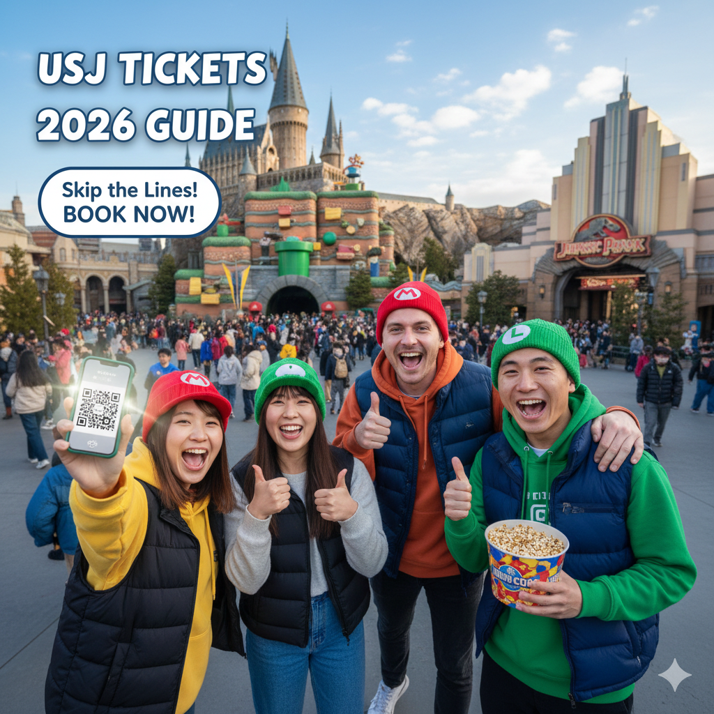 A group of happy tourists holding a smartphone with a QR code ticket at Universal Studios Japan Super Nintendo World, 2026 guide.
