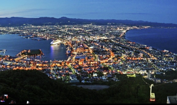 “Romantic winter night view of Hakodate with snowy streets and glowing city lights.”