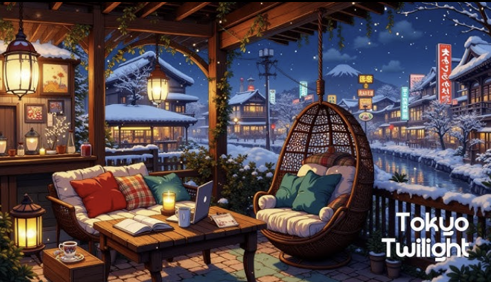 “Cozy winter café in Kyoto with warm lights, snowy streets, and traditional Japanese architecture.”