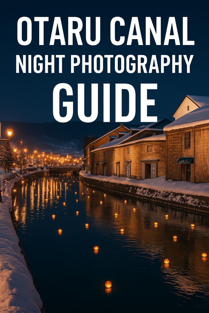 Otaru Canal at night in winter with warm lanterns floating on the water and snow-covered warehouses — featured image for Otaru Canal Night Photography Guide.