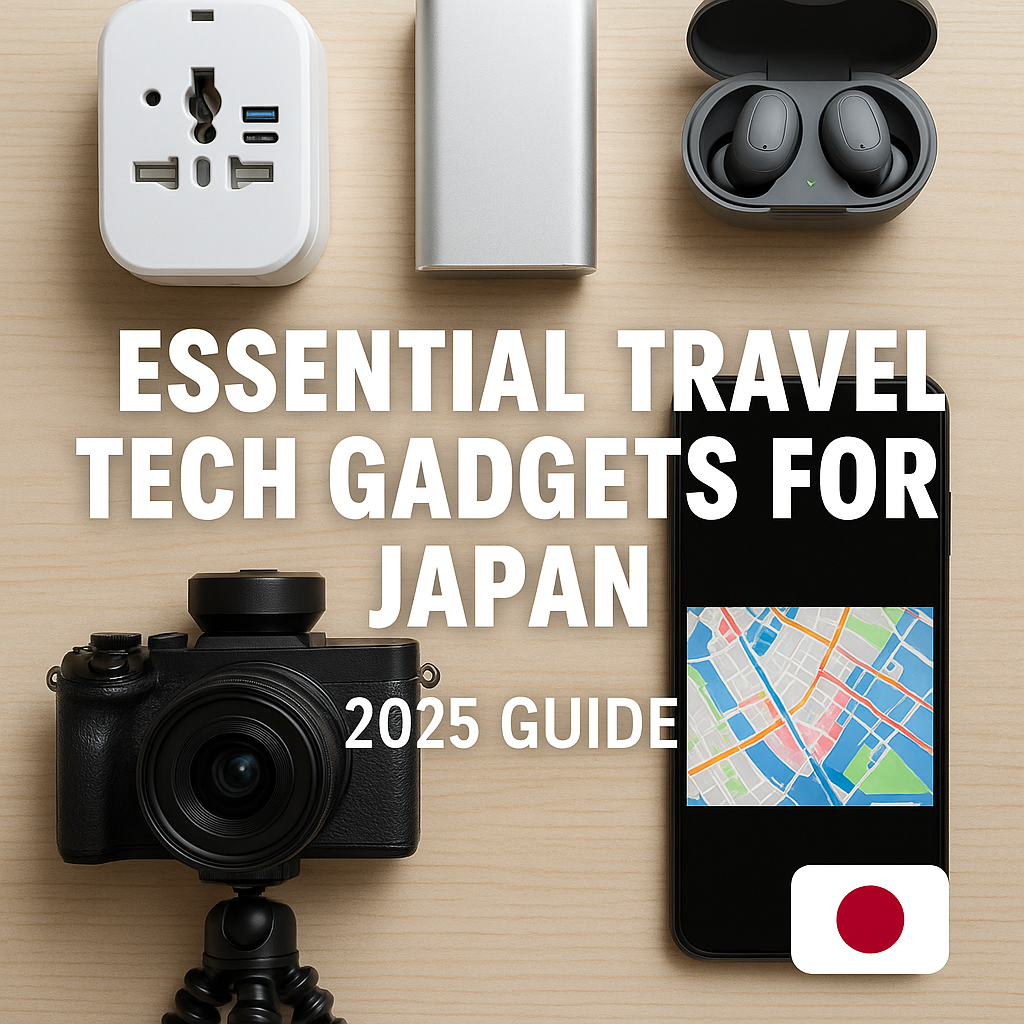 “Flat lay of compact travel electronics including a universal adapter, power bank, earbuds, camera, and smartphone with map—titled Essential Travel Tech Gadgets for Japan 2025 Guide.”