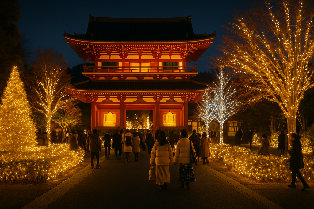 A stunning night view of Kyoto’s illuminated temples and streets during December, showcasing winter lights and festive atmosphere in Japan.