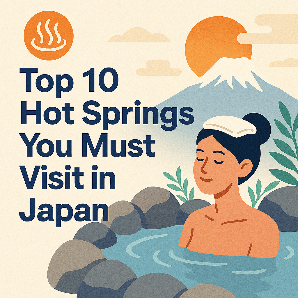 A serene digital illustration of Japanese hot springs in winter with snow and steam rising, Mount Fuji in the background — concept art for “Top 10 Hot Springs You Must Visit in Japan.