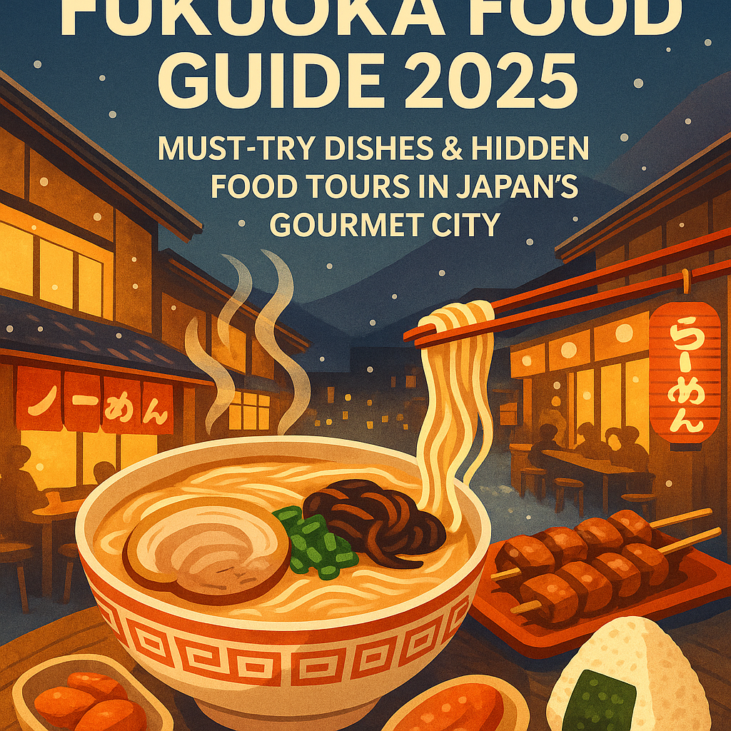 A cozy digital illustration of Fukuoka winter food — steaming Hakata ramen, yakitori skewers, mentaiko, and onigiri on a snowy night street with glowing yatai food stalls in Japan.