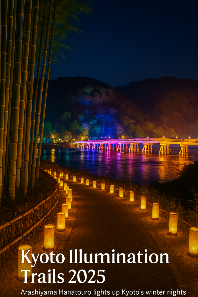 Arashiyama bamboo grove glowing with lantern lights during Kyoto Illumination 2025.