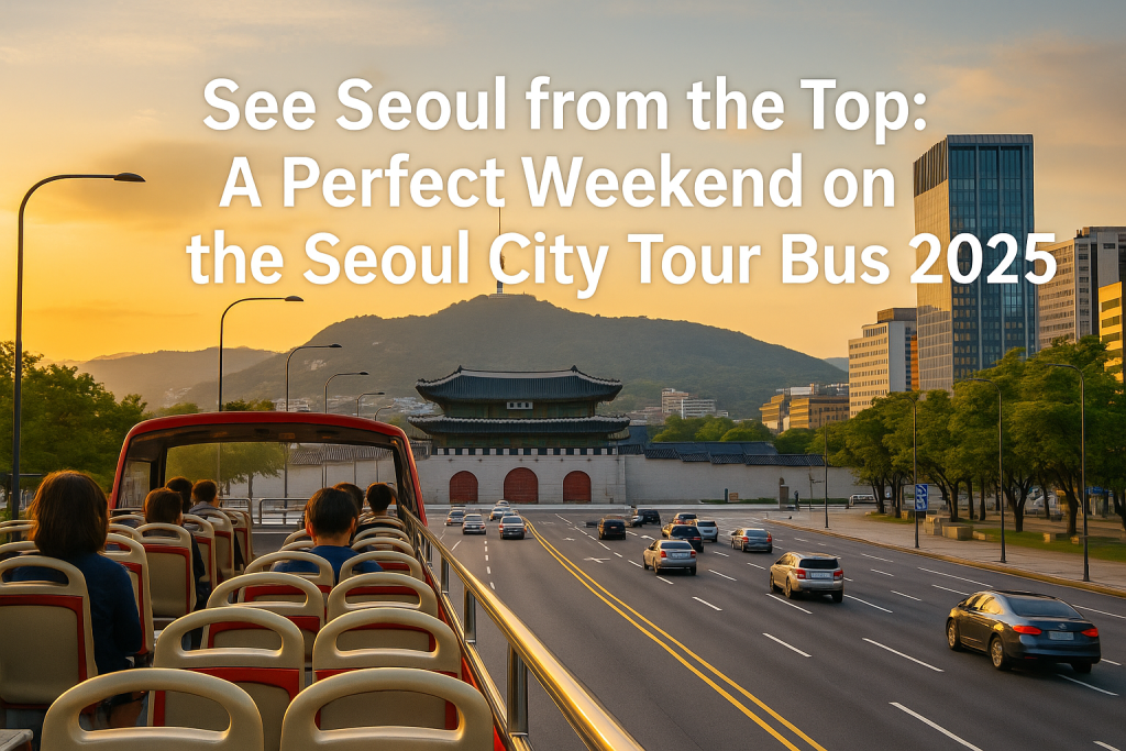A sunset view from the upper deck of a red double-decker Seoul City Tour Bus passing Gyeongbokgung Palace with N Seoul Tower in the background, capturing Seoul’s mix of modern and traditional charm.