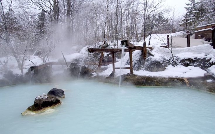 Outdoor Japanese winter hot spring (onsen) surrounded by snow-covered scenery and steam rising from the warm water.