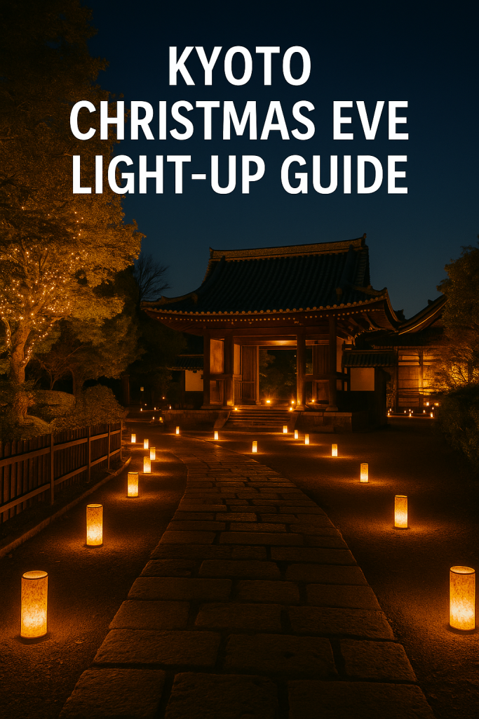 “Kyoto temple pathway illuminated with warm lanterns during a Christmas Eve light-up event, featuring traditional wooden architecture and a serene winter night sky.”