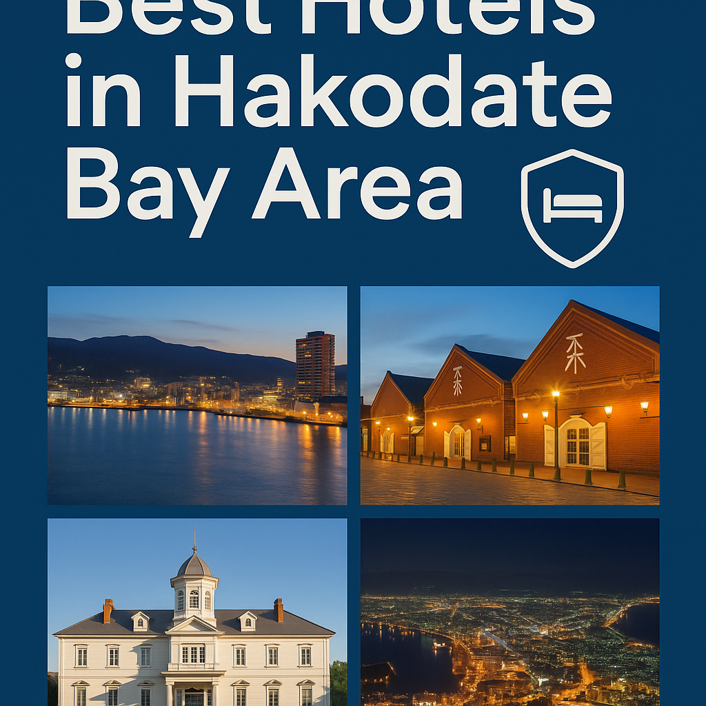 “Promotional collage featuring Hakodate Bay’s waterfront night view, red brick warehouses, historic architecture, and illuminated cityscape for the article ‘Best Hotels in Hakodate Bay Area.’”