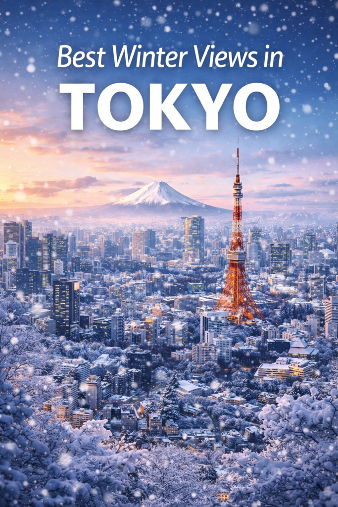Best winter views in Tokyo featuring a snowy city skyline with Tokyo Tower and Mount Fuji in the background during winter