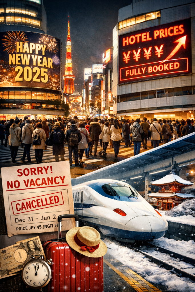 Crowded Tokyo streets during New Year with rising hotel prices and fully booked signs showing why Japan New Year travel is expensive